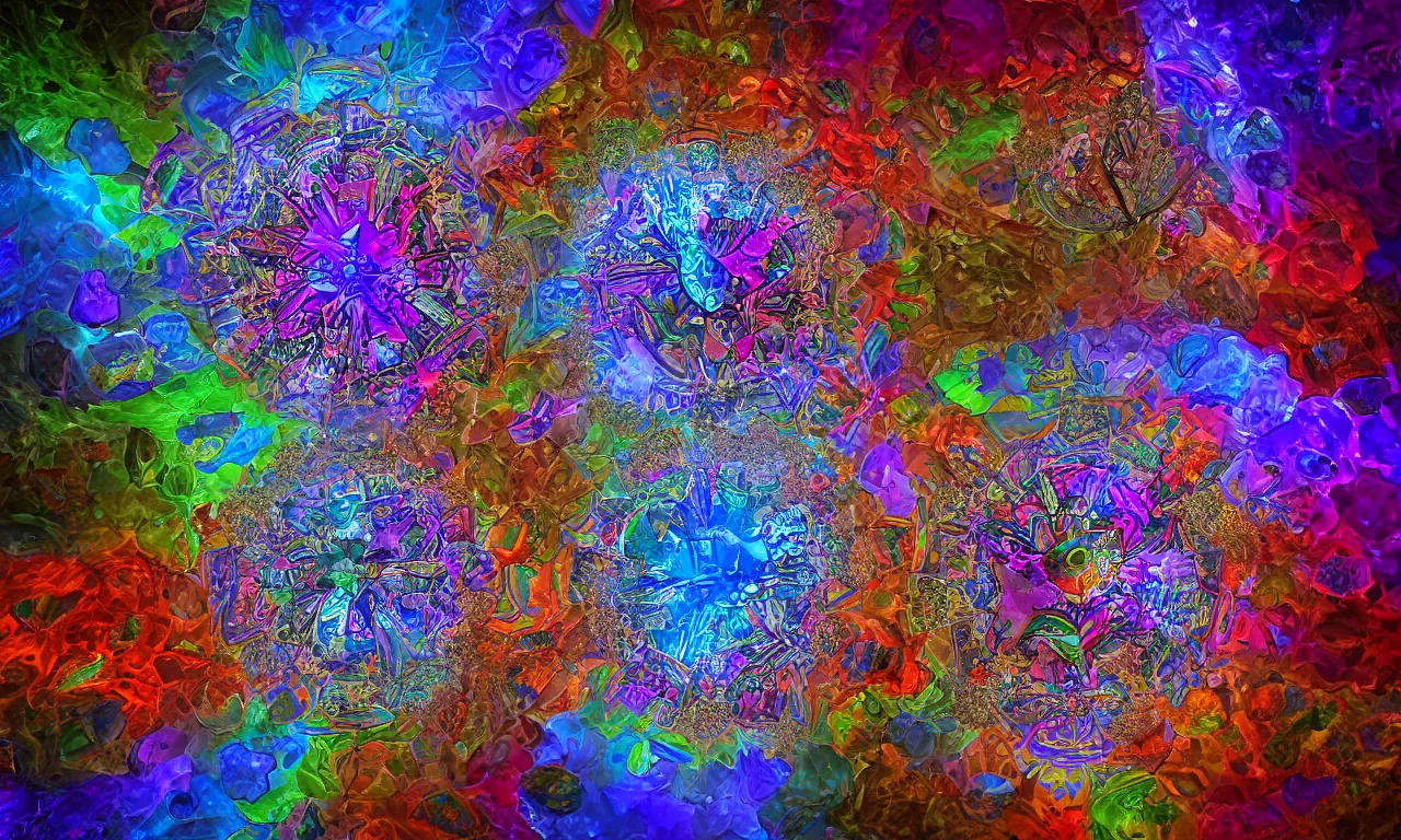 Image similar to voronoi engine laboratory 3 d volume kaleidoscope mandala fractal chakra digital multicolor stylized concept substance liquid nebula stone, a spectacular view cinematic rays of sunlight comic book illustration, by john kirby radiating a glowing aura global illumination ray tracing hdr depth fog overlay multiply photoshop layer