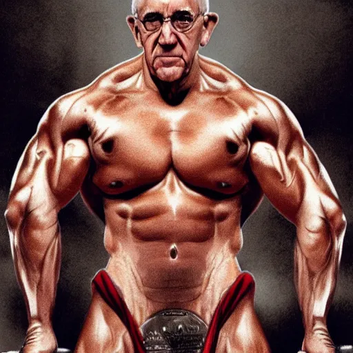 Image similar to a very muscular Pope Francis is flexing in a gym, photorealistic,