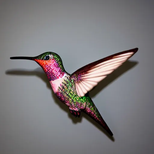 Prompt: intricate hummingbird carved from wet clay, bioluminescent, photograph, studio lighting