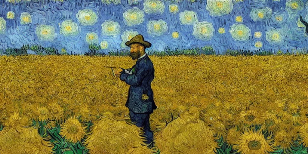 Prompt: an oil painting of van gogh is painting in a sunflower filed, by van gogh