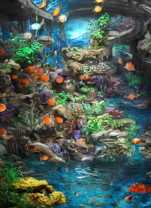 Prompt: people observing lots of beautiful fish in an underground aquarium corridor, in the style of andreas hoher, fantasy art, ray tracing, water droplets, highly detailed, artstation trend, highly detailed and intricate, sharp focus, photography, unreal engine 5