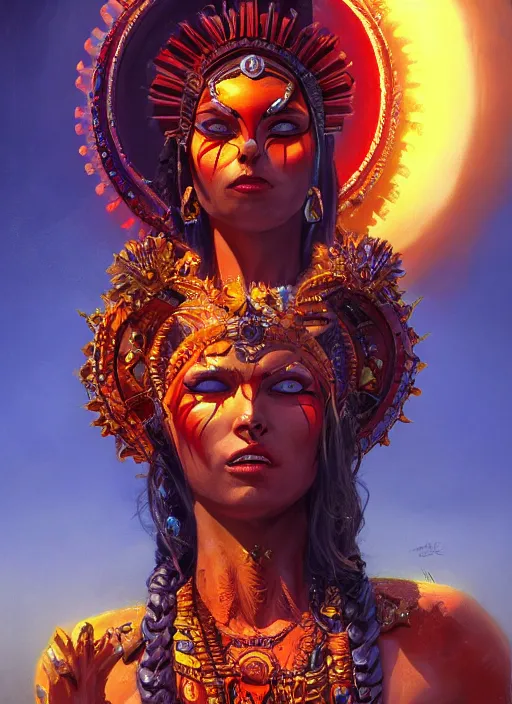 Image similar to aztec sun goddess, vivid colors, dark shadows, contrast, concept art, sharp focus, digital art, Hyper-realistic, 4K, Unreal Engine, Highly Detailed, Dramatic Lighting, Beautiful, by Brom, bastien lecouffe-deharme