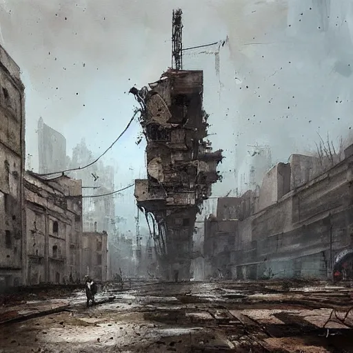 Image similar to painting by jakub rozalski of abandoned post soviet steampunk city