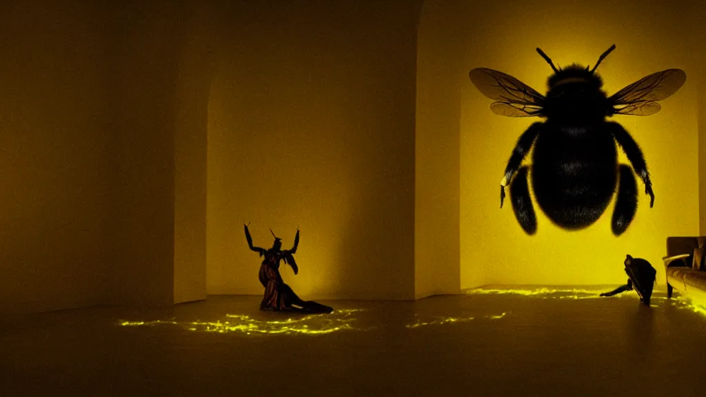 Prompt: the giant bumblebee in the living room, made of glowing wax, film still from the movie directed by denis villeneuve with art direction by zdzisław beksinski, wide lens