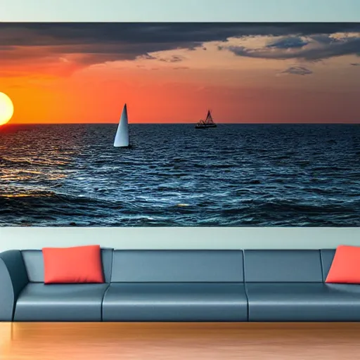 Image similar to sea sunset with sailing boat, realistic, 8 k, sunset, high details