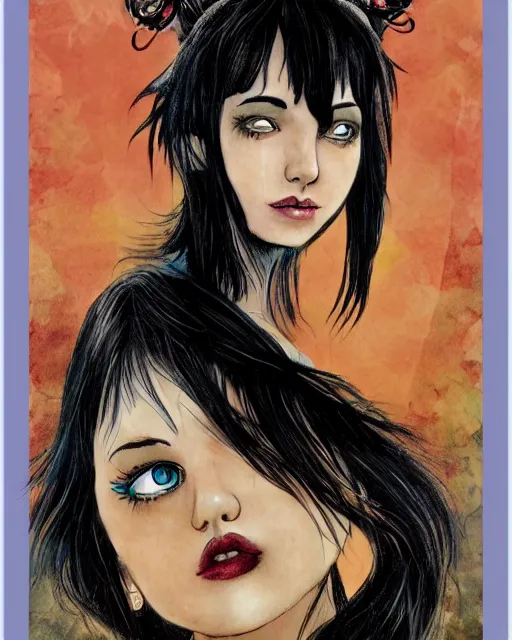 Prompt: happy birthday postcard to black haired girl in a style of Neil Gaiman book , trending on artstation, 8k, highly detailed