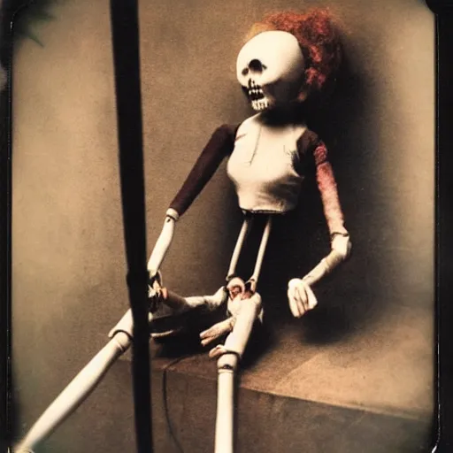 Prompt: female alive, creepy marionette puppet, horrific, unnerving, clockwork horror, pediophobia, lost photograph, dark, forgotten, final photo found before disaster, human laying unconscious in the background, polaroid,