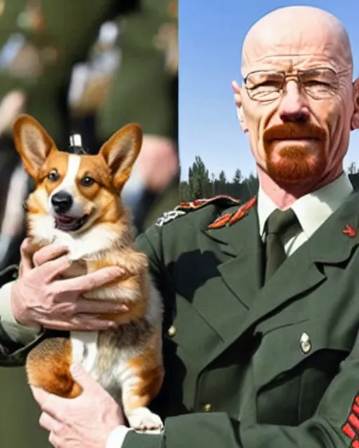 Prompt: A photo of Walter White as the supreme commander of the army standing at a military parade, holding a corgi in his arm