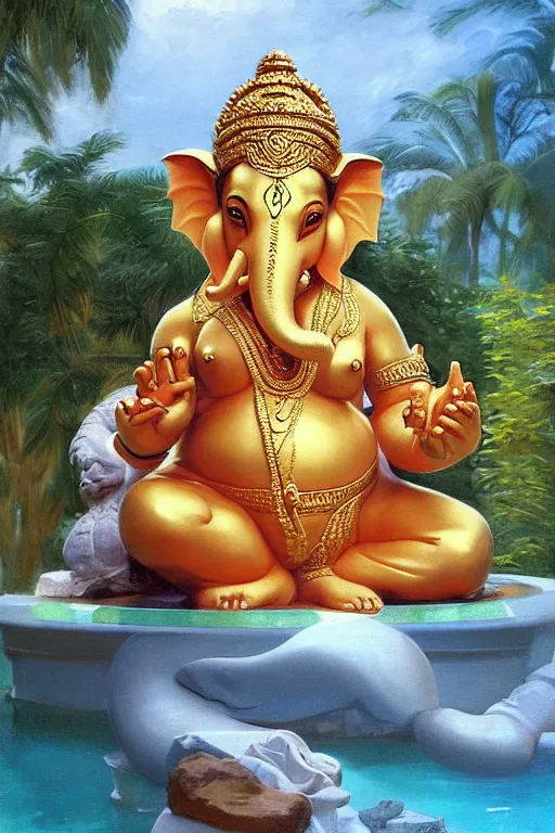 Prompt: Lord Ganesha, golden hour, near a tropical pool, artstation, by J. C. Leyendecker and Peter Paul Rubens,