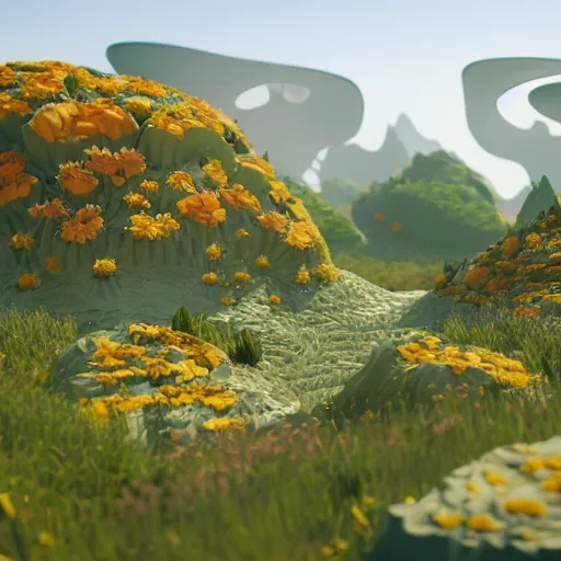 Image similar to a flowering alien landscape in the style of origami, 8 k, unreal engine, zbrush,