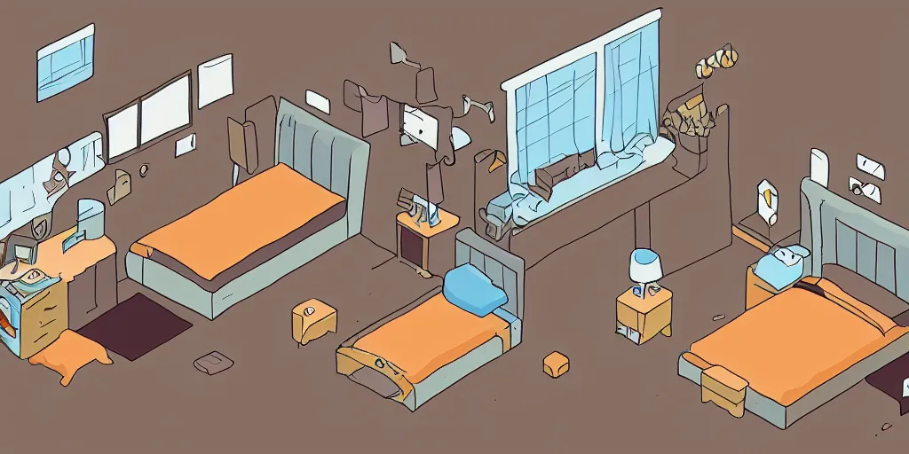 Prompt: isometric anime digital drawing of a comfy bedroom