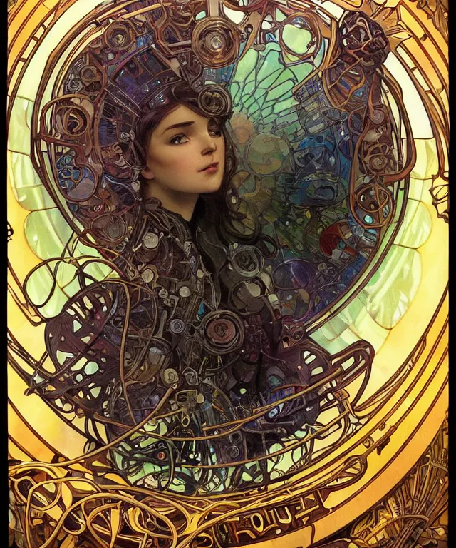 Image similar to realistic detailed portrait of a korgi! mecha cyberpunk! mage! by alphonse mucha and charlie bowater and art germ, rule of thirds, golden ratio, art nouveau! cyberpunk! style, mechanical accents!, mecha plate armor, glowing leds, flowing wires with leaves, art nouveau accents, art nouveau patterns and geometry, rich deep moody colors