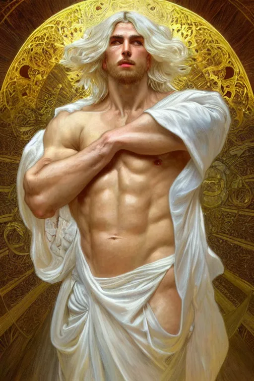 Image similar to painted portrait of god of the universe, divine god, white hair, muscular, invincible, beautiful, upper body, white robe, fantasy, intricate, elegant, highly detailed, digital painting, artstation, concept art, smooth, sharp focus, illustration, art by gaston bussiere and alphonse mucha