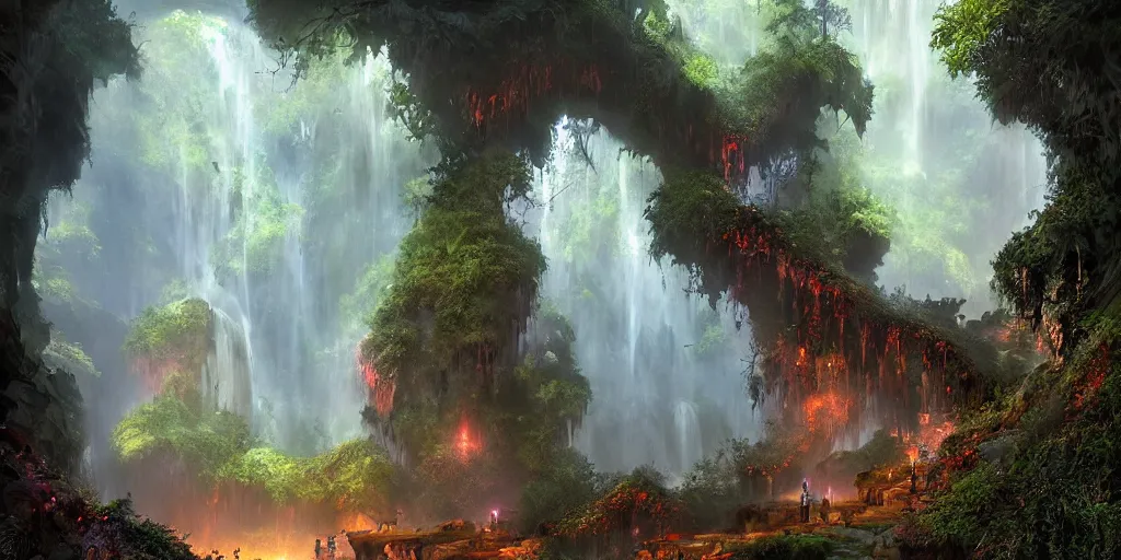 Image similar to a digital painting of a cave entrance in a mystical forest with waterfalls and vines hanging from trees, fireflies glowing in various colors, desaturated, a detailed matte painting by stephan martiniere, cgsociety, fantasy art, matte painting, concept art, fractalism, night