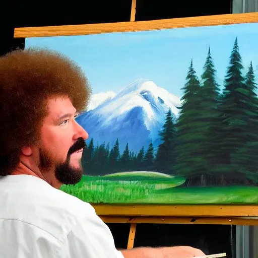 Image similar to a closeup photorealistic photograph of bob ross placing the finishing touches on a canvas painting of kenny powers. mountains and trees. film still. brightly lit scene. this 4 k hd image is trending on artstation, featured on behance, well - rendered, extra crisp, features intricate detail, epic composition and the style of unreal engine.