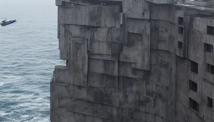 Image similar to big brutalist imperial military base on cliffs, drawing architecture, very long shot, top angle, imperial architecture in rogue one, pritzker architecture prize, brutalism architecture, jan urschel, roger deakins