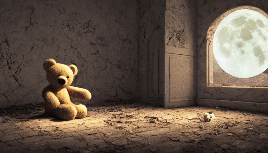 Prompt: Abandoned teddy bear on the dusty floor of an abandoned Victorian castle at night, moon light, windows, hyperdetailed, artstation, cgsociety, 8k