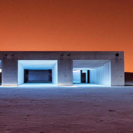 Image similar to big concrete structure in the desert at night, neon lights, minimalist architecture, james turrel,