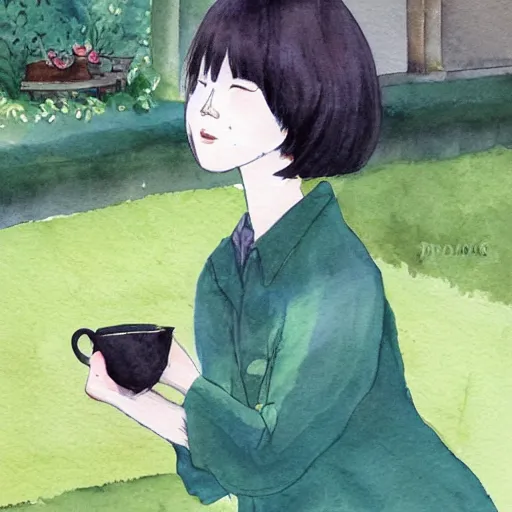 Prompt: hanako tanaka drinking coffee in the garden. watercolor by the award - winning comic artist