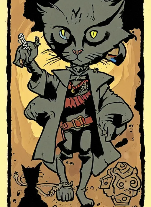 Image similar to highly detailed, wizard cat with a dungeon background by mike mignola