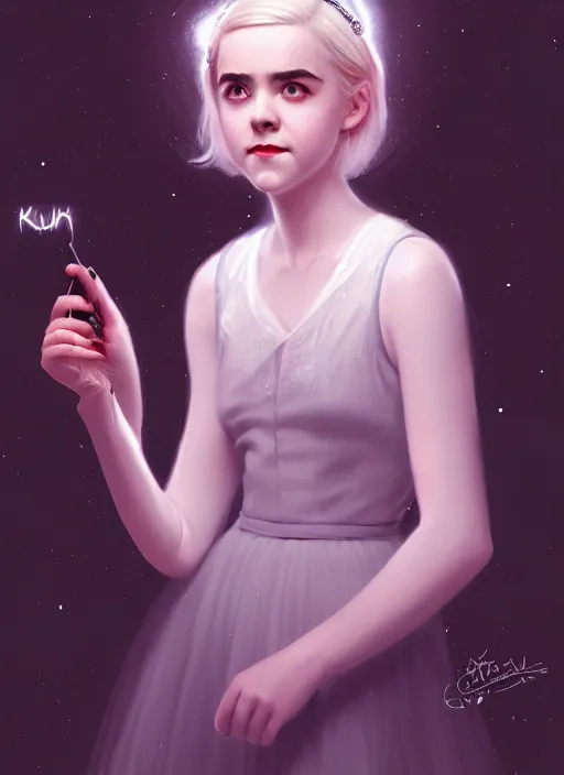 Image similar to portrait of kiernan shipka as sabrina spellman, white hair, 1 9 6 0 s hairstyle, hairband, intricate, elegant, glowing lights, highly detailed, digital painting, artstation, concept art, smooth, sharp focus, illustration, art by wlop, mars ravelo and greg rutkowski