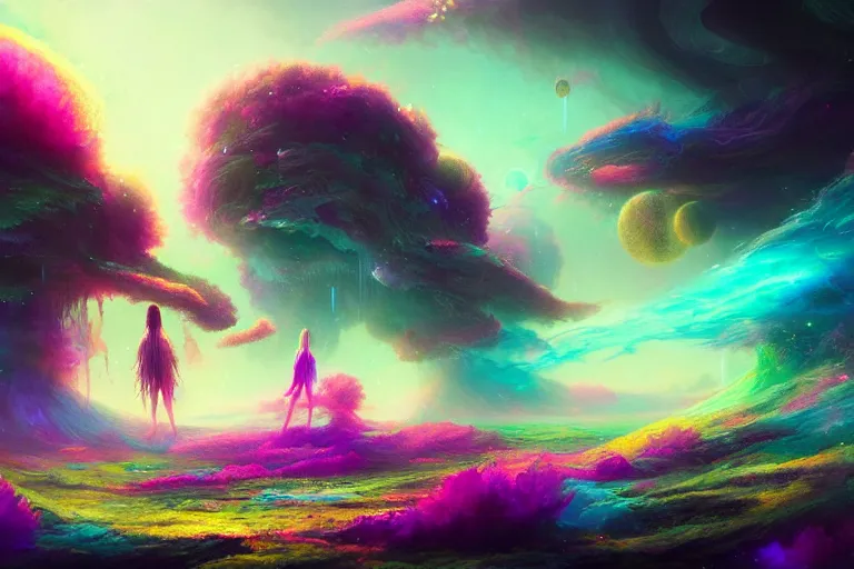 Prompt: a psychedelic realm at the edge of the known universe, astral beings sharing love!!!!, in the style of greg rutkowski! and wlop and lisa frank! and bob ross!!! and ruan jia, illustration, epic, fantasy, hyper detailed, smooth, unreal engine, sharp focus, ray tracing