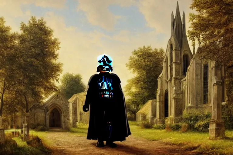 Prompt: a detailed oil painting of darth vader leaving a quaint medieval flint church, english, churchyard, trees, golden hour, lead - covered spire, realistic architecture