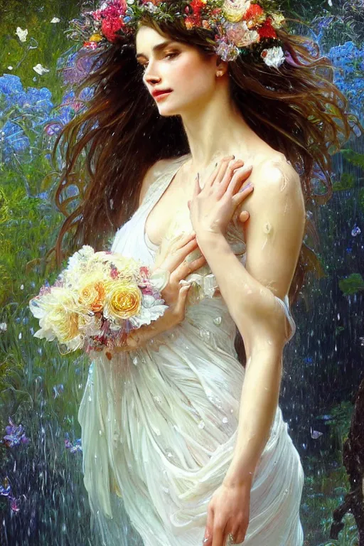 Image similar to portrait of a beautiful woman wearing a white dress, holding a bouquet of flowing flowers, drenched body, wet dripping hair, emerging from the water, fantasy, regal, fractal crystal, fractal gems, by stanley artgerm lau, thomas kindkade, alphonse mucha, loish, norman rockwell