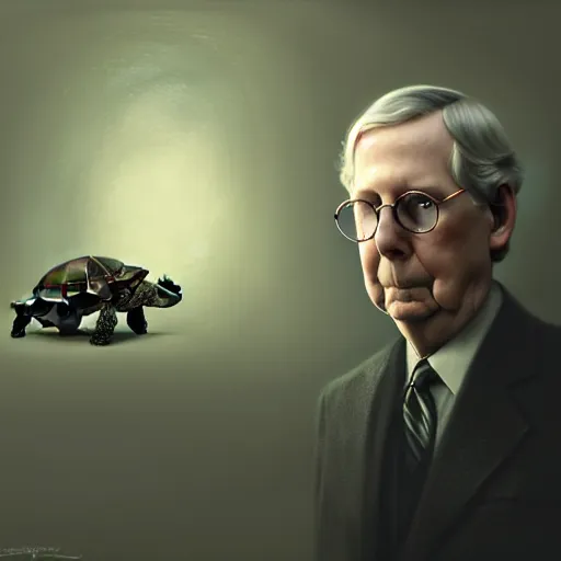 Image similar to amazingly beautiful portrait of a hyper realistic, frowning, sad mitch mcconnell ( ( turtle ) ) by greg rutkowski, artgerm, alphonse mucha, concept art, octane render, highly detailed, high quality, 8 k, soft lighting, path traced