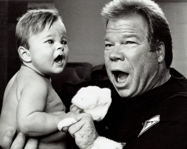 Image similar to william shatner yelling angrily at baby, photograph