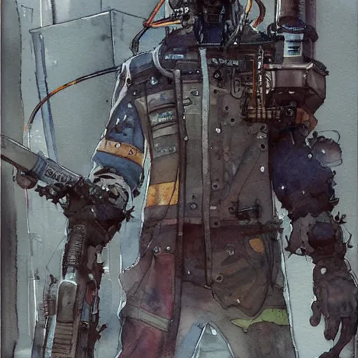 Image similar to watercolor of a cyberpunk mechanic, realistic, detailed, Industrial Scifi, in the style of Ashley Wood and Moebius