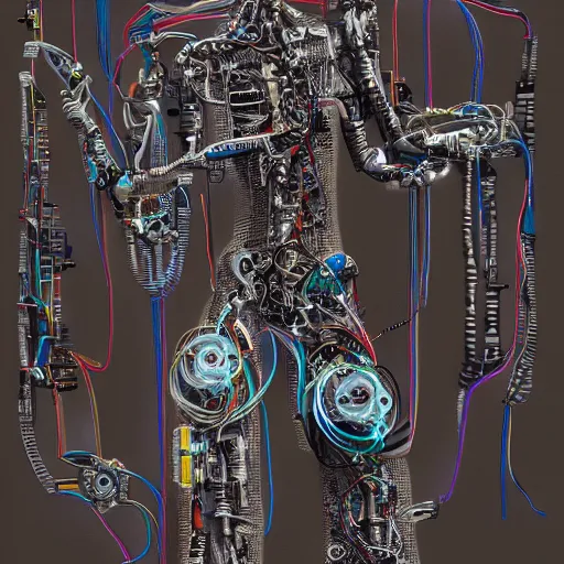 Image similar to wiring of a cyborg, eclectic, intricate, highly detailed, 8k