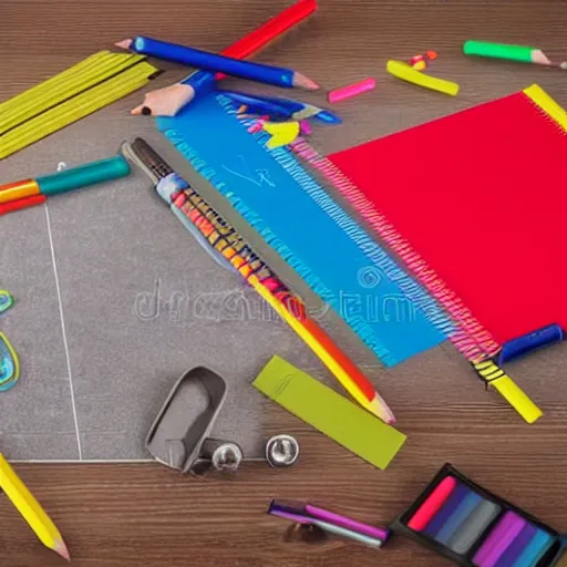 Image similar to back to school with school supplies and equipment, lots of colored pencils along with a pencil sharpener and a ruler, 3 d rendering, stock photo, octane render 8 k