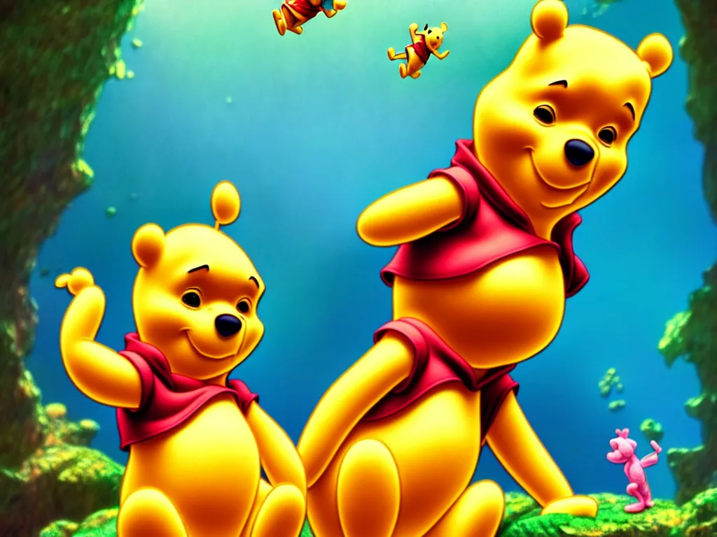 Image similar to the beautiful cartoon animation render a single lovely winnie the pooh wearing paper diapers, pop art, hyper detailed, underwater world, in the style of makoto shinkai, raphael lacoste louis comfort tiffany, artgerm, karol bak, james jean, ross tran, 8 k hd, fine texture structure, 3 drender