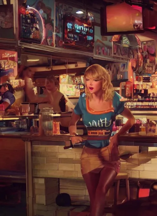 Prompt: a candid, color cinema film still of a taylor swift as a waitress at hooters, cinematic lighting at night.