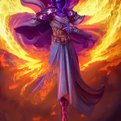 Prompt: A Godly Knight made of fire and flames of purple by Peter Mohrbacher, background temple of cold obsidian by Kelly Mckernan, trending on artstation HD,