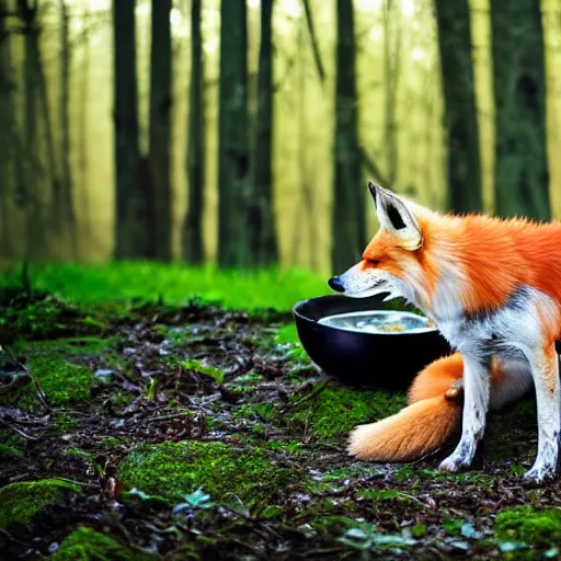 Prompt: a fluffy cute fox hound eating a delicious vibrant looking steamy bowl of soup in a cleared space in the forest, the trees surrounding and leaves in the background with bokeh blur effect with illuminating full moon casting light over the forest floor. UHD. Shot on IMAX 70mm. Intimate liminal space aeshtetic.