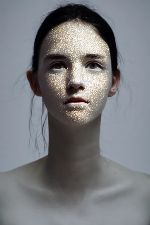 Image similar to full head and shoulders, beautiful porcelain female person, large electrical gold sparks, glowing lightening, delicate facial features, white detailed eyes, white lashes, on black background, by daniel arsham and james jean