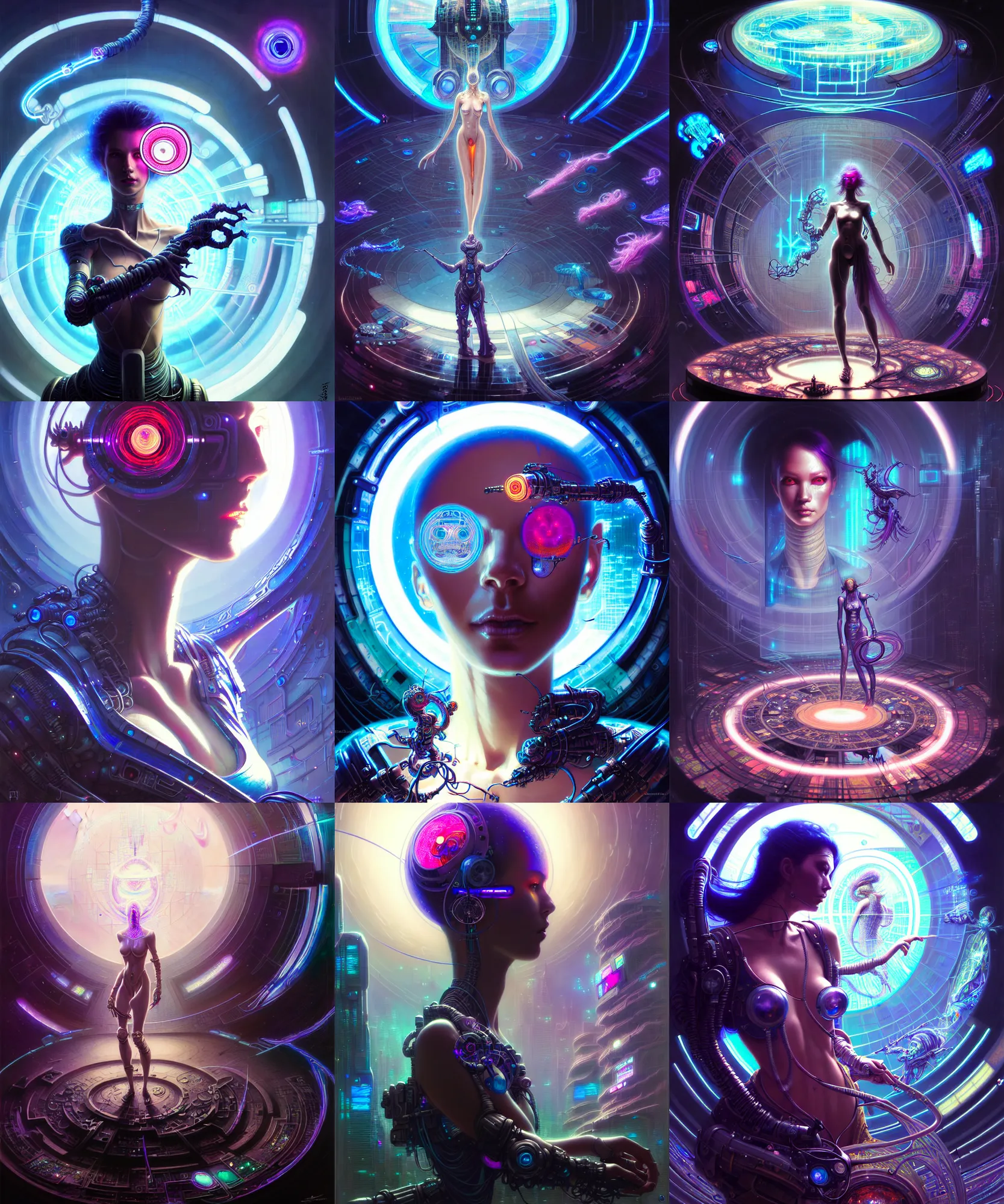 Prompt: beautiful cyberpunk person in a holographic circle, fantasy character portrait, ultra realistic, sci fi city, wide angle, intricate details, mandlebulb artifacts, highly detailed by mandlebulb peter mohrbacher, hajime sorayama, wayne barlowe, boris vallejo, aaron horkey, gaston bussiere, craig mullins