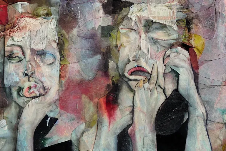 Prompt: Two still figures facing camera, They are emotional. Chaotic, glitch art aesthetic, collage folded, ethereal painting in the style of Francis Bacon