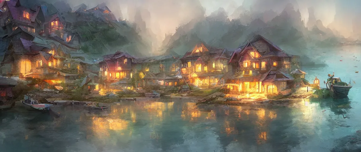 Prompt: fishing village crowded with houses around a lake, concept art, digital painting, style of jordan grimmer, warm lighting, futuristic, volumetric lighting, view from below, vivid colours, bright, daytime, godrays, high detail