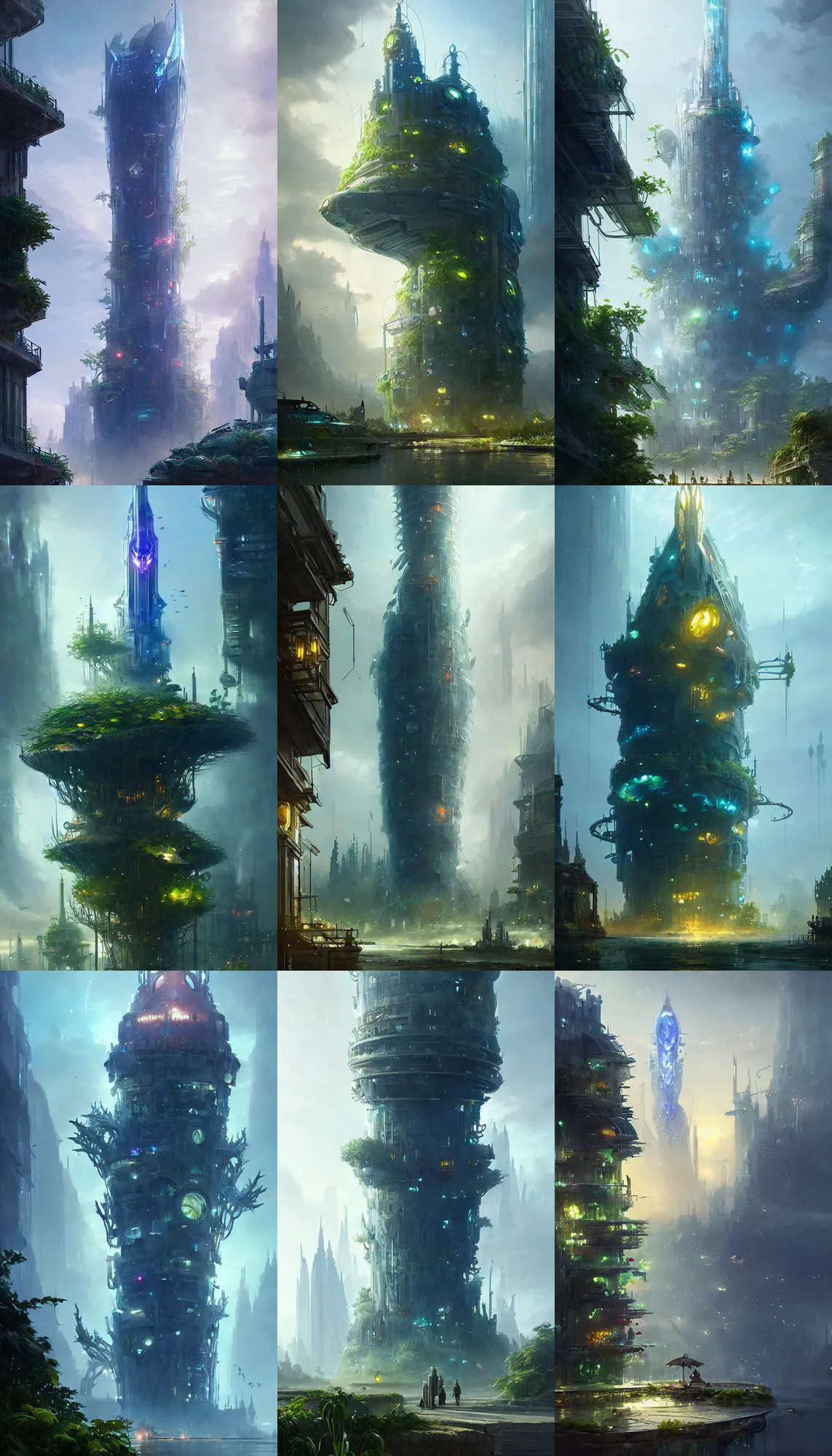 Prompt: a giant fish tank shaped like a tower in the middle of a future city, godray on plants, fantasy digital art, fantasy style art, fantasy game art by greg rutkowski, concept art