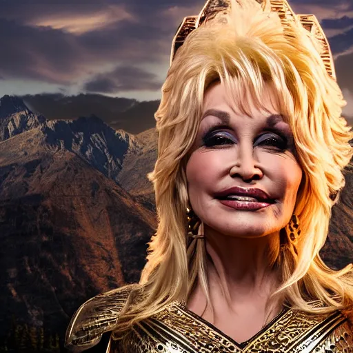 Image similar to Dolly Parton as a leading warrior, wearing Spartan leather armor, cinematic, photography, promotional advertising, rocky mountain range, sunset background