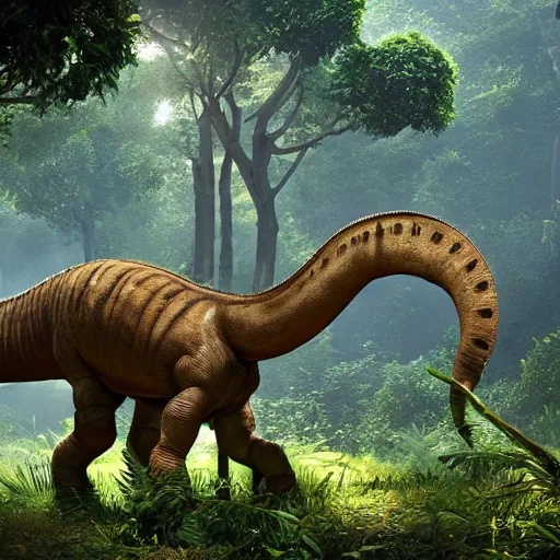 Prompt: a brontosaurus with battle armor and mounted guns walking in a lush jungle, unreal engine, hyperrealistic, volumetric lighting, raytraced