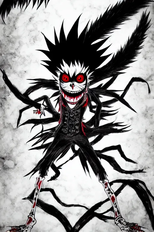 Image similar to the shinigami ryuk, highly detailed, digital art, sharp focus, trending on art station, death note, anime art style