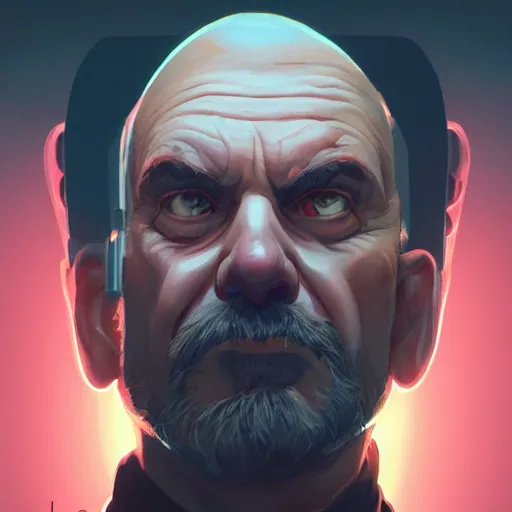 Prompt: centered long shot portrait of an old man with a round face, a salt and pepper goatee and a stern look, cyberpunk dark fantasy art, gta 5 cover, official fanart behance hd artstation by jesper ejsing, by rhads, makoto shinkai and lois van baarle, ilya kuvshinov, ossdraws, unreal engine