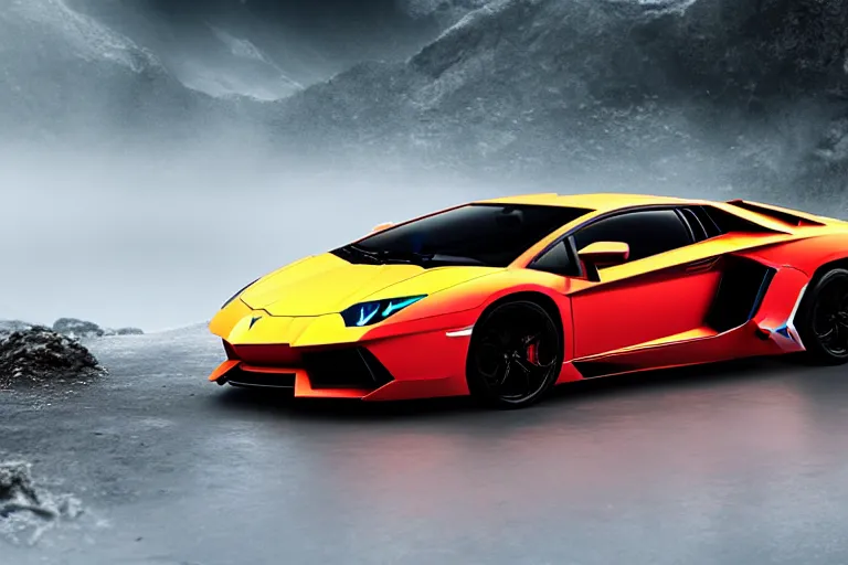 Prompt: a cinematic photograph of a lamborghini aventador driving through a vast mountainous landscape whilst neon lightening strikes on the car, rain falls, ultra realistic, high definition