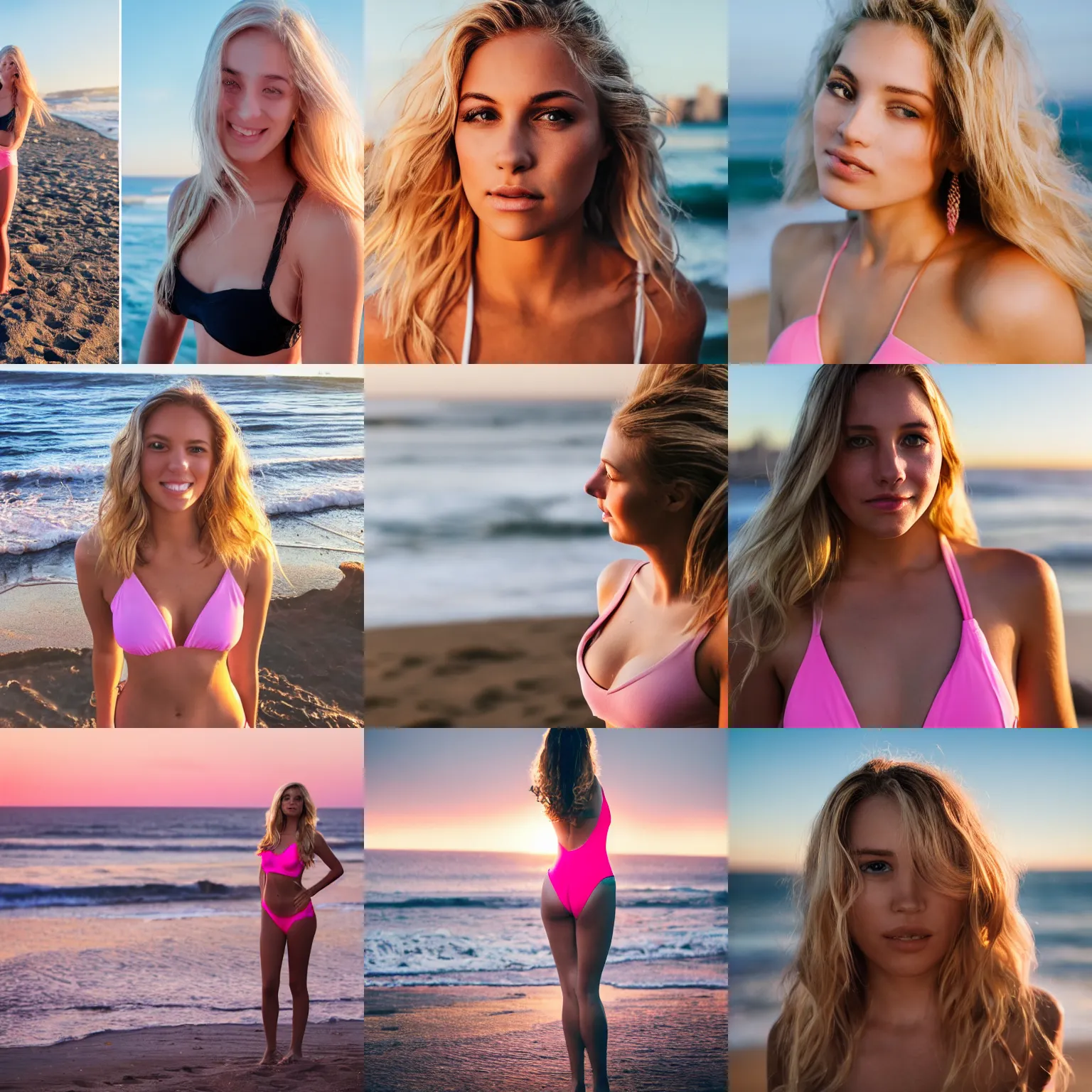 Prompt: photograph of an extremely beautiful!!!! young woman , Wavy tinted blonde hair! slight smile, natural light, at a Manhattan beach during golden hour. looking at the camera over her shoulder!!. pink bikini. super resolution