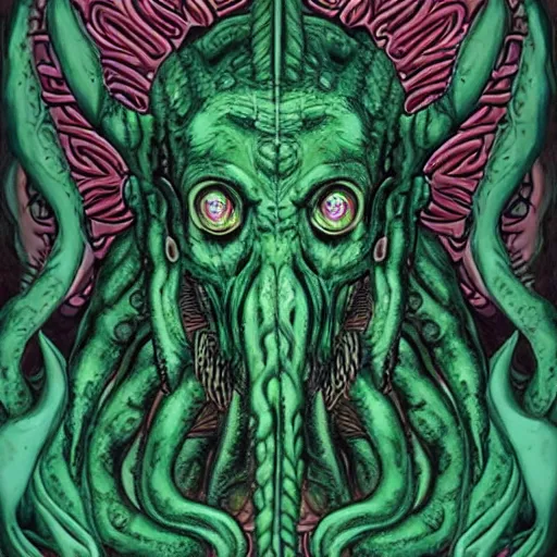 Image similar to 4 k colored headshot of godlike cthulhu with defined arms and open hands and bloody clothes with giant mandala wings, intricate face, flawless anime cel animation by kentaro miura, psychedelic, highly detailed upper body, professionally post - processed, beautiful, scary, symmetry accurate features, epic, octane rendered, anime masterpiece, accurate