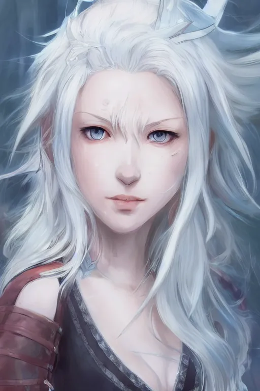 Image similar to an anime portrait of a white hair female viking, long wild hair, pale blue eyes, smirking, by WLOP, Stanley Artgerm Lau, Rossdraws, James Jean, Andrei Riabovitchev, Marc Simonetti, and Sakimichan, trending on pixiv, fully clothed, fully dressed